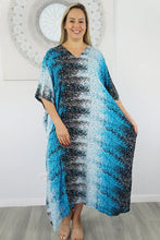 Load image into Gallery viewer, Festive Sundrenched Blue Snow Long Kaftan Dress.  One size fits all.
