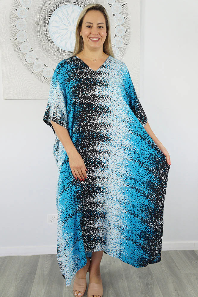 Festive Sundrenched Blue Snow Long Kaftan Dress.  One size fits all.