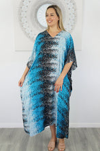 Load image into Gallery viewer, Festive Sundrenched Blue Snow Long Kaftan Dress.  One size fits all.
