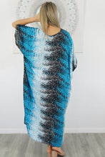 Load image into Gallery viewer, Festive Sundrenched Blue Snow Long Kaftan Dress.  One size fits all.
