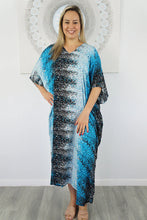 Load image into Gallery viewer, Festive Sundrenched Blue Snow Long Kaftan Dress.  One size fits all.
