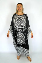 Load image into Gallery viewer, Sundrenched Tunisia Mandala boho black &amp; white long kaftan dress.  One Size Fits All.
