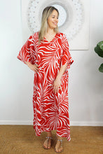 Load image into Gallery viewer, Sundrenched Red &amp; White &#39;Vines&#39; Long Kaftan Dress.  One Size Fits All.
