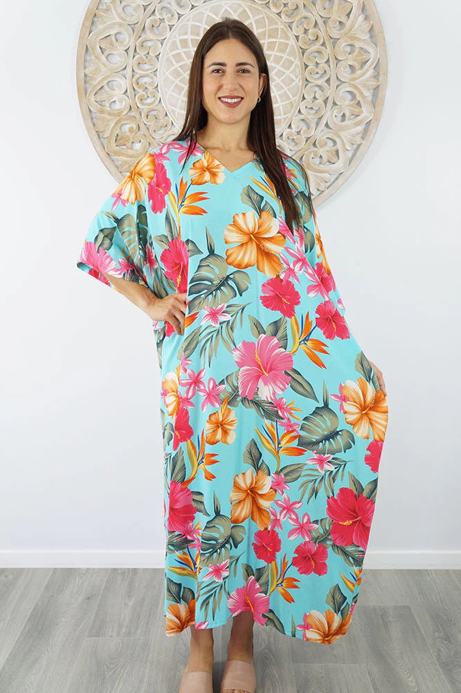 Sundrenched Long Kaftan Premium Dress Tropical Delights With Turquoise Background .  One Size Fits All.