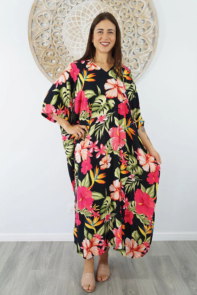 Sundrenched Long Kaftan Premium Dress Tropical Delights On Black  Background .  One Size Fits All.