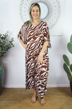 Load image into Gallery viewer, Sundrenched Long Kaftan Dress Zebra Brown.   One Size Fits All.
