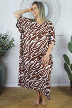 Load image into Gallery viewer, Sundrenched Long Kaftan Dress Zebra Brown.   One Size Fits All.
