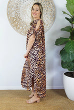 Load image into Gallery viewer, Relaxed Fit Long Leopard Gold Print Mykonos Kaftan Dress.  One Size Fits Sizes 10-18.
