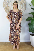 Load image into Gallery viewer, Relaxed Fit Long Leopard Gold Print Mykonos Kaftan Dress.  One Size Fits Sizes 10-18.
