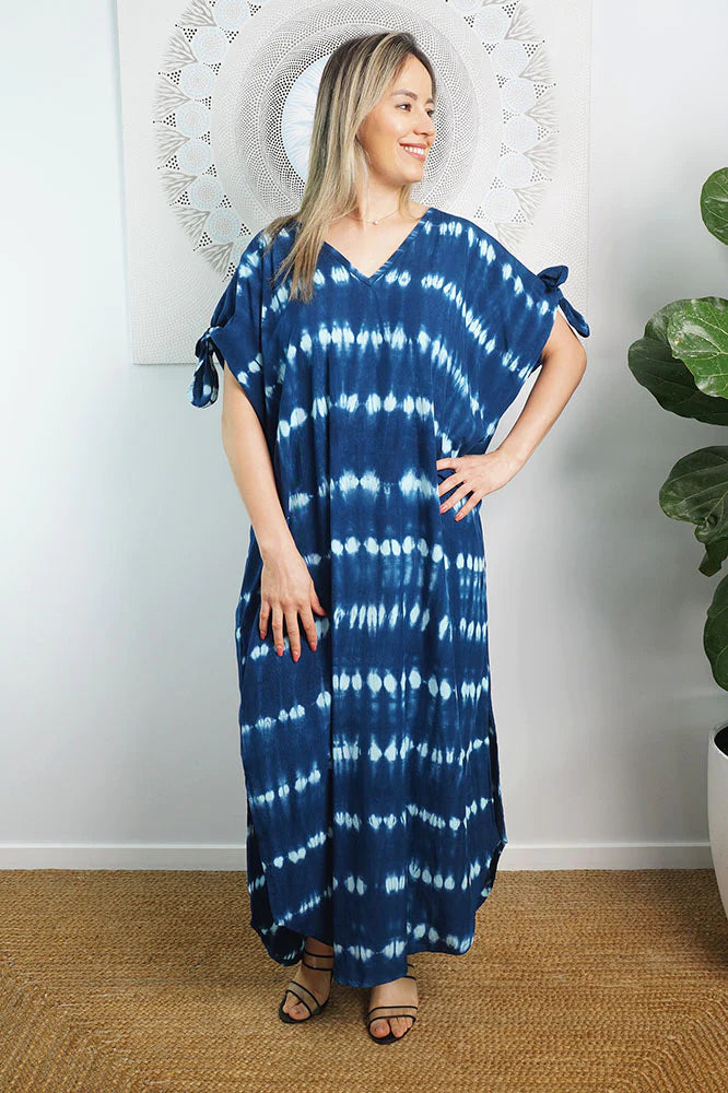 Relaxed Fit Mykonos Long Kaftan Dress Nirvana Navy Tie Dye.  One Size Fits Size 10-18