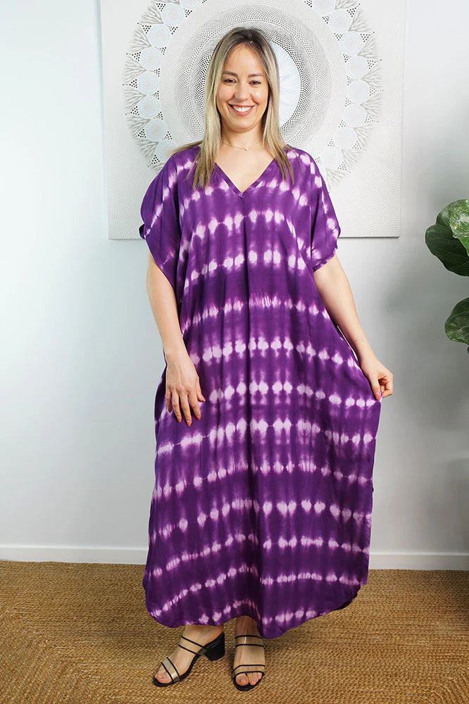 Relaxed Fit Mykonos Long Kaftan Dress Nirvana Purple Tie Dye.  One Size Fits Size 10-18