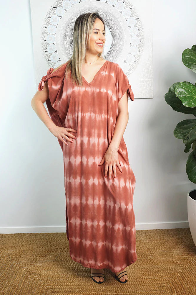 Relaxed Fit Mykonos Long Kaftan Dress Nirvana Sienna Tie Dye.  One Size Fits Size 10-18