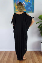 Load image into Gallery viewer, Relaxed Fit Mykonos Kaftan Dress In Plain Black.  One Size Fits 10-18
