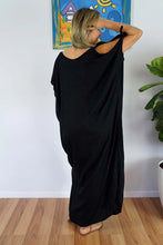 Load image into Gallery viewer, Relaxed Fit Mykonos Kaftan Dress In Plain Black.  One Size Fits 10-18
