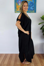 Load image into Gallery viewer, Relaxed Fit Mykonos Kaftan Dress In Plain Black.  One Size Fits 10-18
