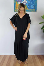 Load image into Gallery viewer, Relaxed Fit Mykonos Kaftan Dress In Plain Black.  One Size Fits 10-18
