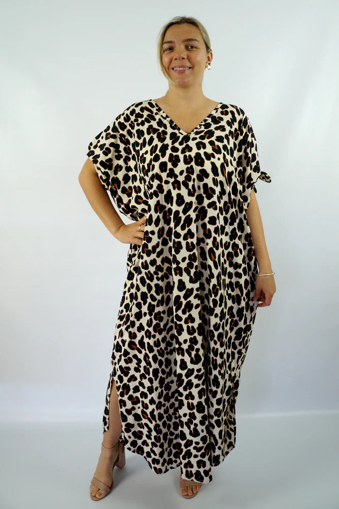 Relaxed Fit Long Savvanah Brown Print Mykonos Kaftan Dress.  One Size Fits Sizes 10-18