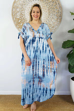 Load image into Gallery viewer, Relaxed Fit Long Tie Dye Navy Mykonos Kaftan Dress.  One Size Fits Sizes 10-18.
