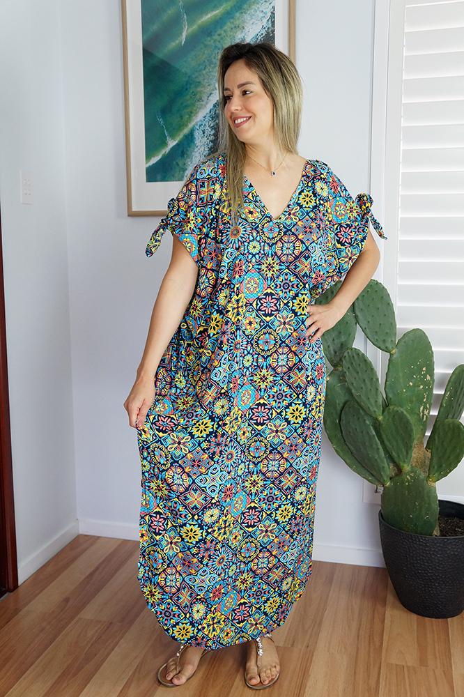 Relaxed Fit Mykonos Long Kaftan Dress Tijuana Multicoloured Navy.  One Size Fits Size 10-18