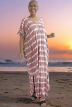 Load image into Gallery viewer, Relaxed Fit Mykonos Long Kaftan Dress Shibori Sienna Tie Dye.  One Size Fits Size 10-18
