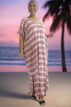 Load image into Gallery viewer, Relaxed Fit Mykonos Long Kaftan Dress Shibori Sienna Tie Dye.  One Size Fits Size 10-18

