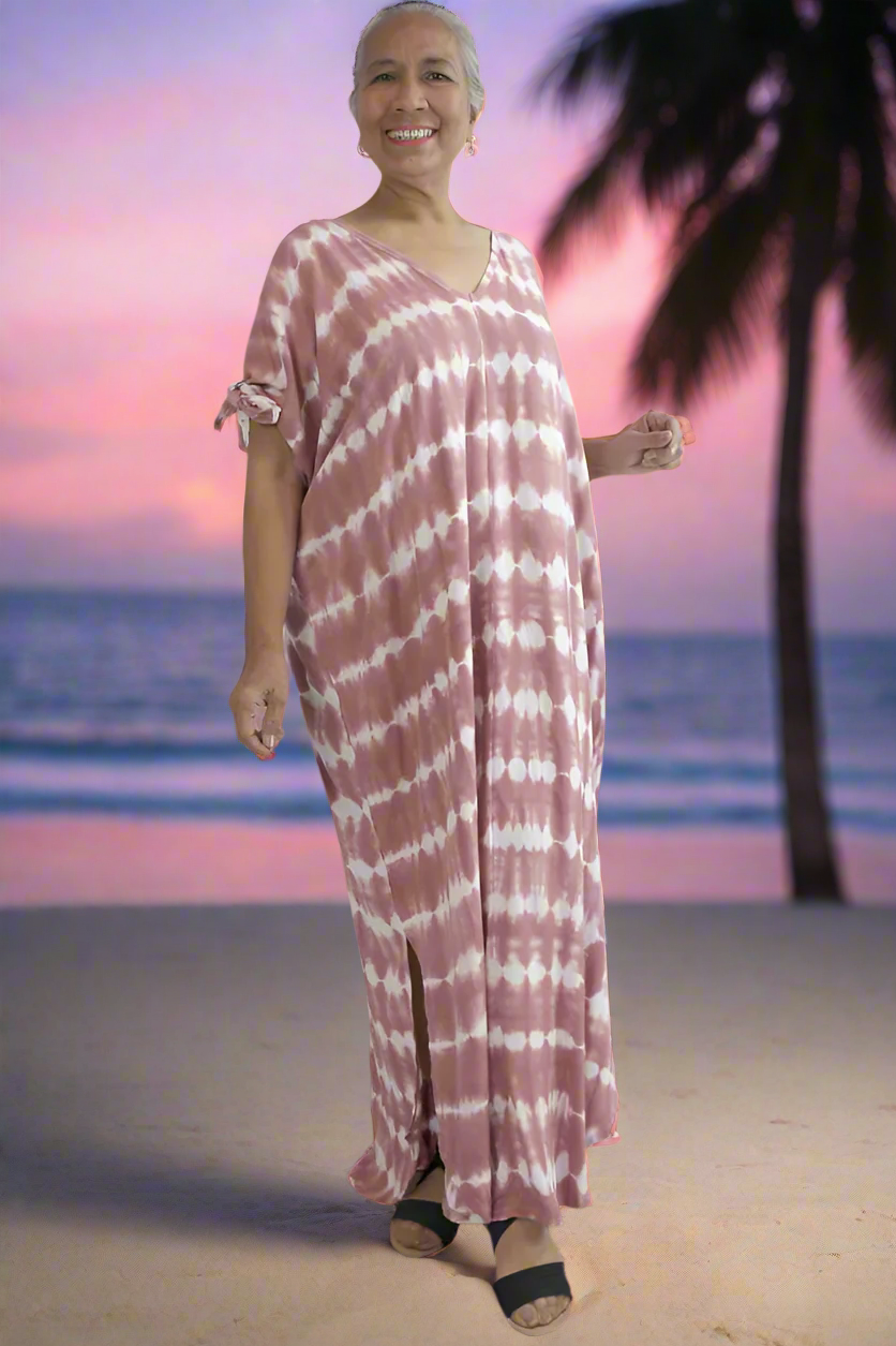 Relaxed Fit Mykonos Long Kaftan Dress Shibori Sienna Tie Dye.  One Size Fits Size 10-18