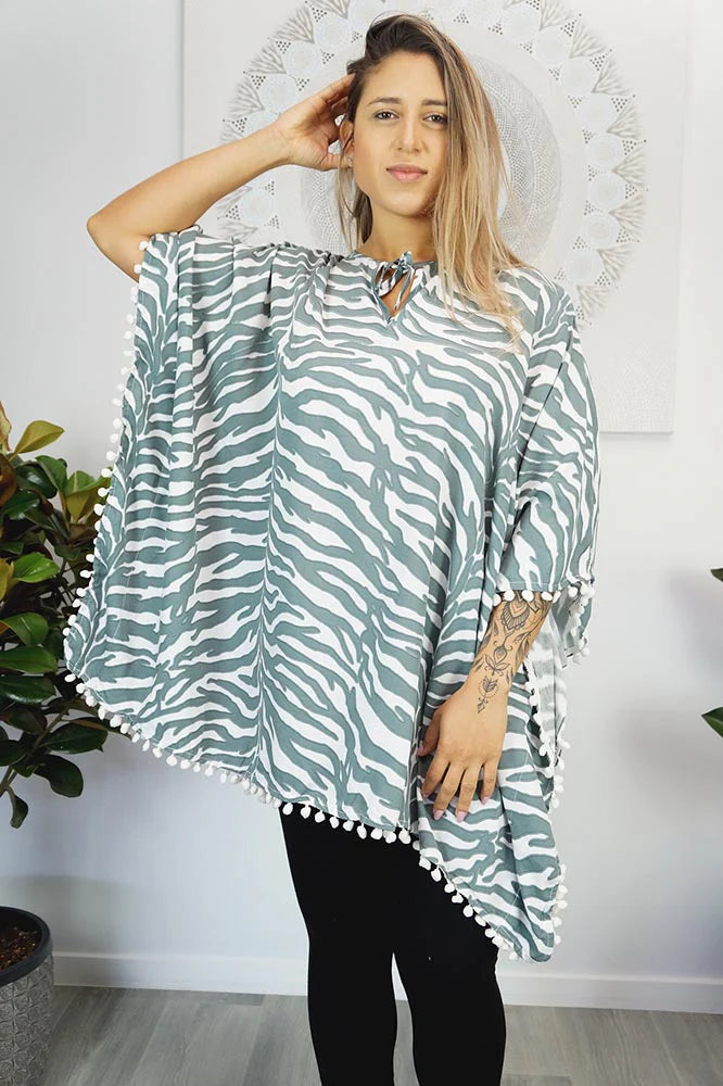 Kaftan Top Grey Zebra With Pom Poms.  One size fits all.