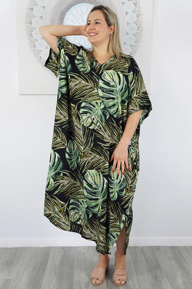 Sundrenched 'Sabai' Green & Black Long Kaftan Dress.  One Size Fits All.