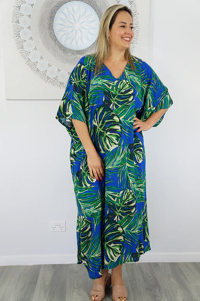 Sundrenched 'Sabai' Royal Blue & Green Long Kaftan Dress.  One Size Fits All.