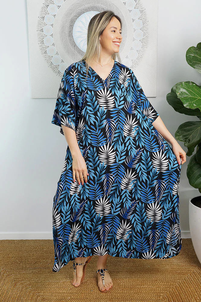 Sundrenched Long Kaftan Dress Premium Black & Blue Kavieng .  One Size Fits All.