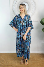 Load image into Gallery viewer, Sundrenched Long Kaftan Dress Premium Black &amp; Blue Kavieng .  One Size Fits All.
