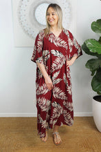 Load image into Gallery viewer, Sundrenched Maui Maroon Long Kaftan Dress.  One Size Fits All.
