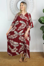 Load image into Gallery viewer, Sundrenched Maui Maroon Long Kaftan Dress.  One Size Fits All.
