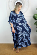 Load image into Gallery viewer, Festive Sundrenched Maui Navy/Light Blue Long Premium Kaftan Dress.  One Size Fits All.
