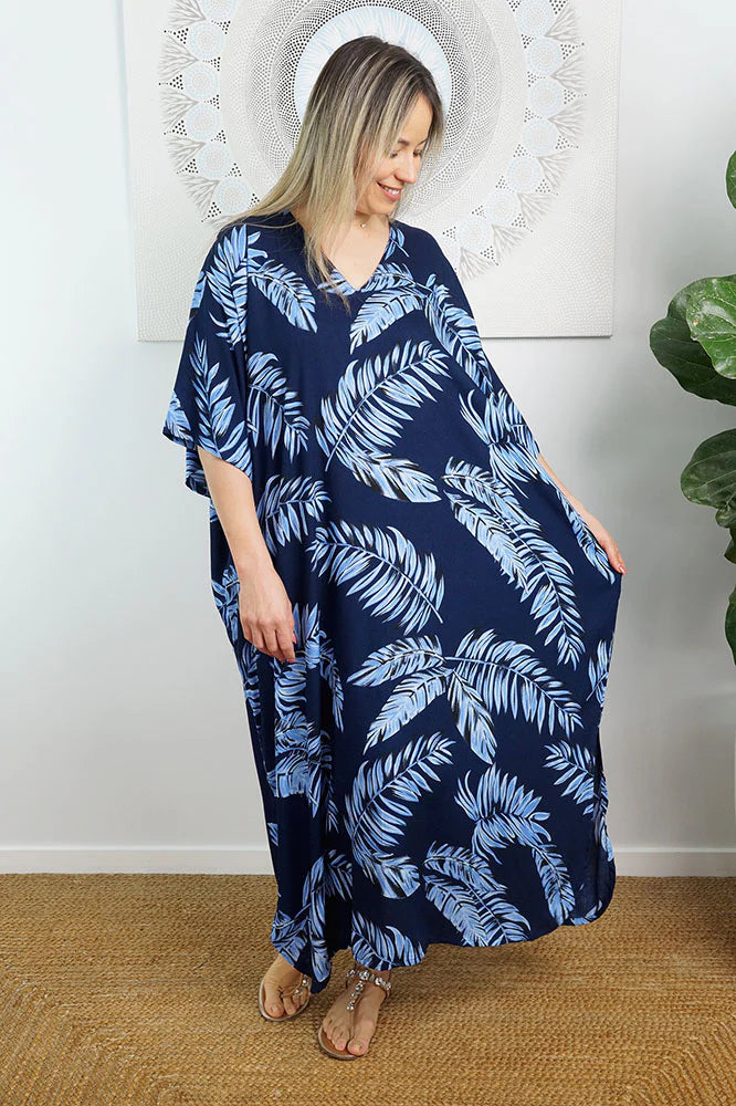 Festive Sundrenched Maui Navy/Light Blue Long Premium Kaftan Dress.  One Size Fits All.