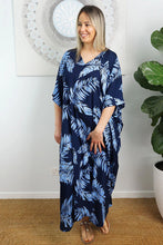 Load image into Gallery viewer, Festive Sundrenched Maui Navy/Light Blue Long Premium Kaftan Dress.  One Size Fits All.
