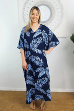 Load image into Gallery viewer, Festive Sundrenched Maui Navy/Light Blue Long Premium Kaftan Dress.  One Size Fits All.
