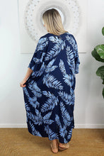 Load image into Gallery viewer, Festive Sundrenched Maui Navy/Light Blue Long Premium Kaftan Dress.  One Size Fits All.
