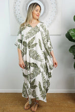 Load image into Gallery viewer, Festive Sundrenched Maui White/Olive Long Premium Kaftan Dress.  One Size Fits All.
