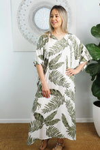 Load image into Gallery viewer, Festive Sundrenched Maui White/Olive Long Premium Kaftan Dress.  One Size Fits All.
