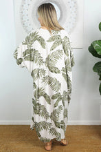 Load image into Gallery viewer, Festive Sundrenched Maui White/Olive Long Premium Kaftan Dress.  One Size Fits All.
