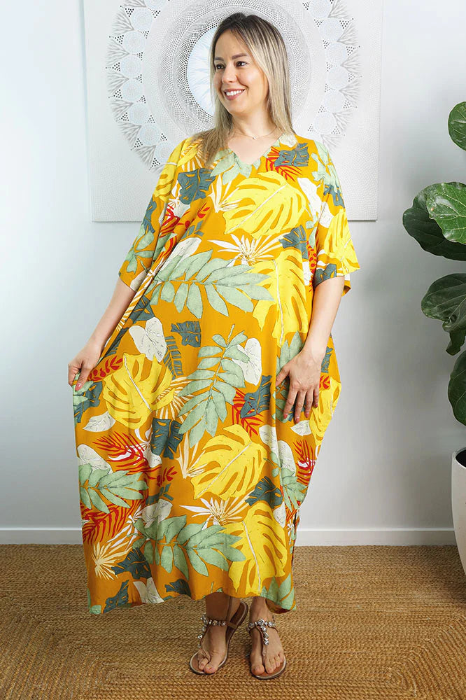 Sundrenched Tiwi Gold/Green Long Premium Kaftan Dress.  One Size Fits All.