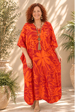 Load image into Gallery viewer, Sundrenched Raratonga Orange Long Kaftan Dress. One Size Fits All.
