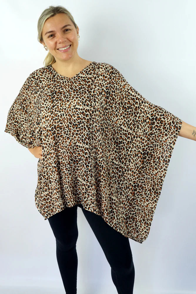 Vibrant Brown Cougar Print Kaftan Top.  One Size Fits All.
