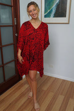 Load image into Gallery viewer, Festive Red Animal Kaftan Top.  One Size Fits All.
