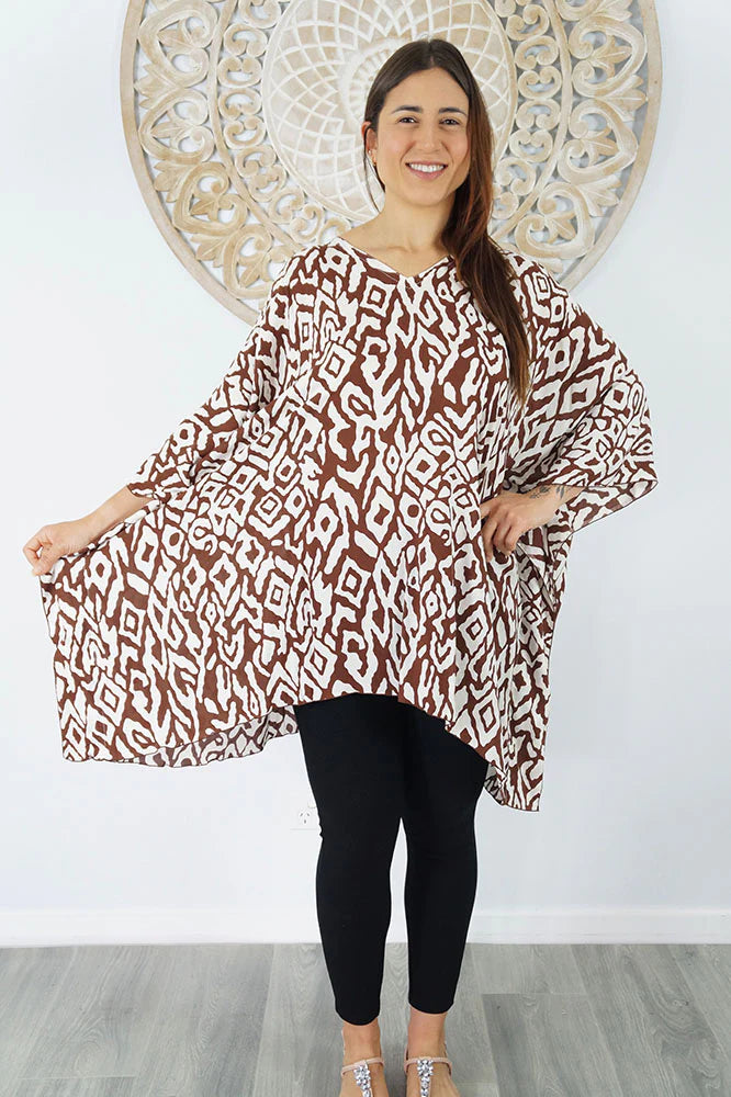Vibrant Summer Asmat Brown & White Kaftan Top.  One Size Fits All.