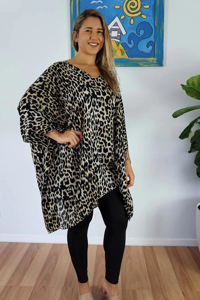 Vibrant Leopard Black Kaftan Top.  One Size Fits All.