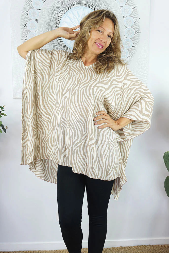 Kaftan Top Madagascar Taupe Print.   One Size Fits All.