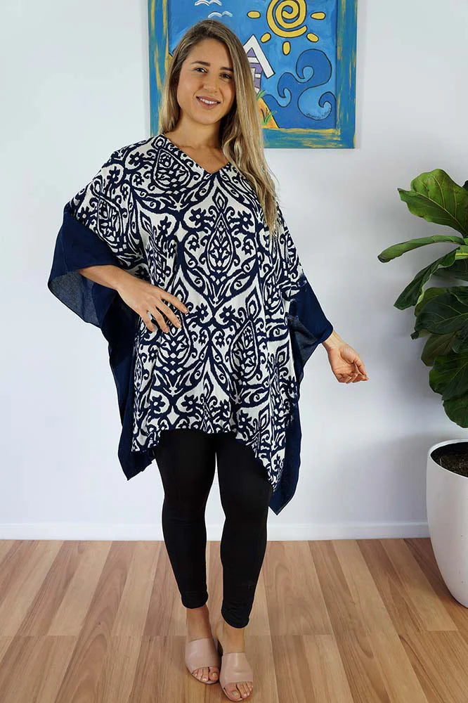 Kaftan Top Pendant Print Bone & Navy.   One Size Fits All.