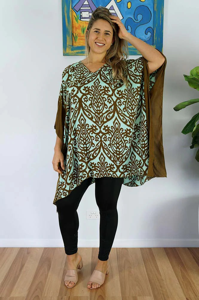 Kaftan Top Pendant Print Mint/Brown.   One Size Fits All.